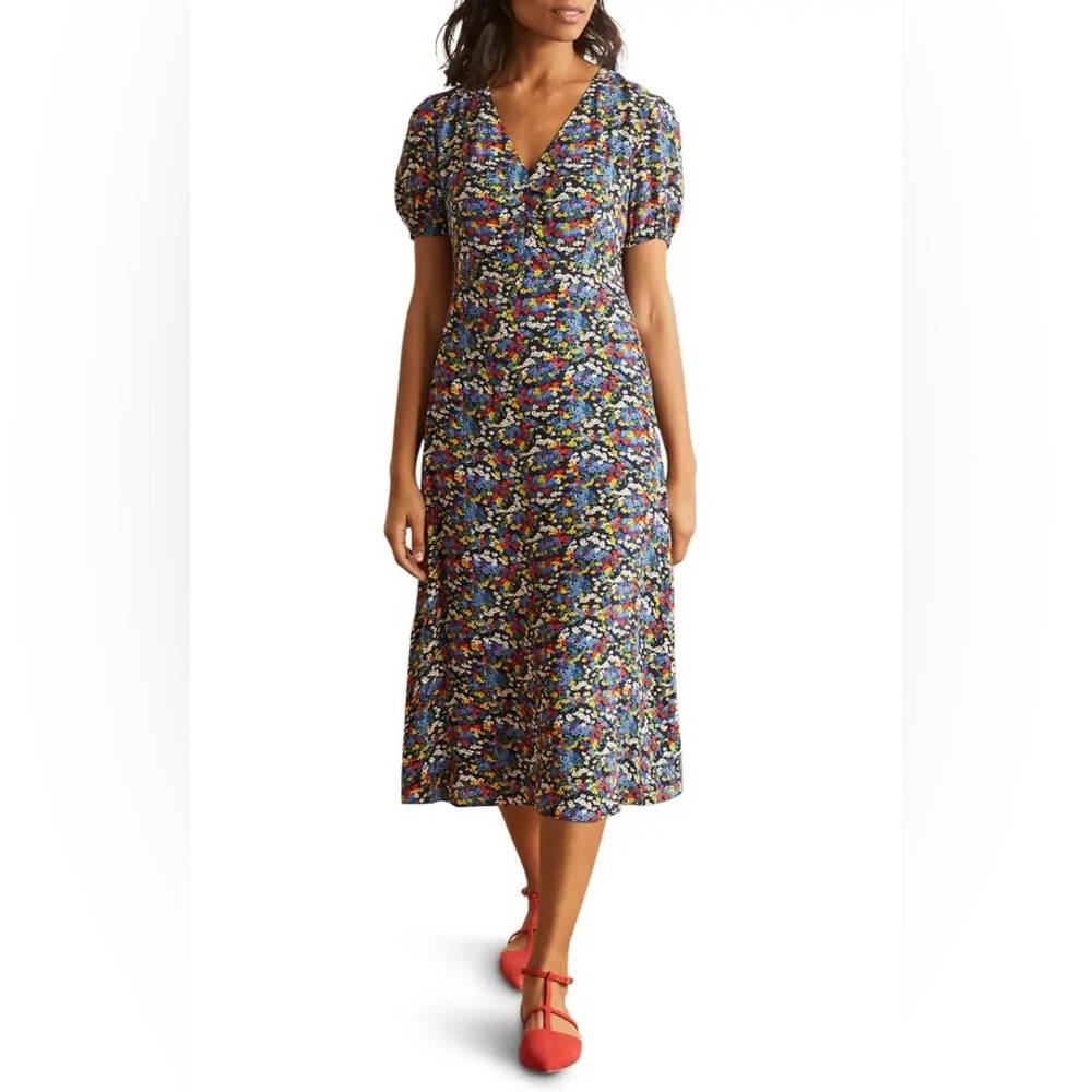 Boden Tessa Floral Ditsy Short Sleeve Dress - French Navy/ Broad Bean Ditsy